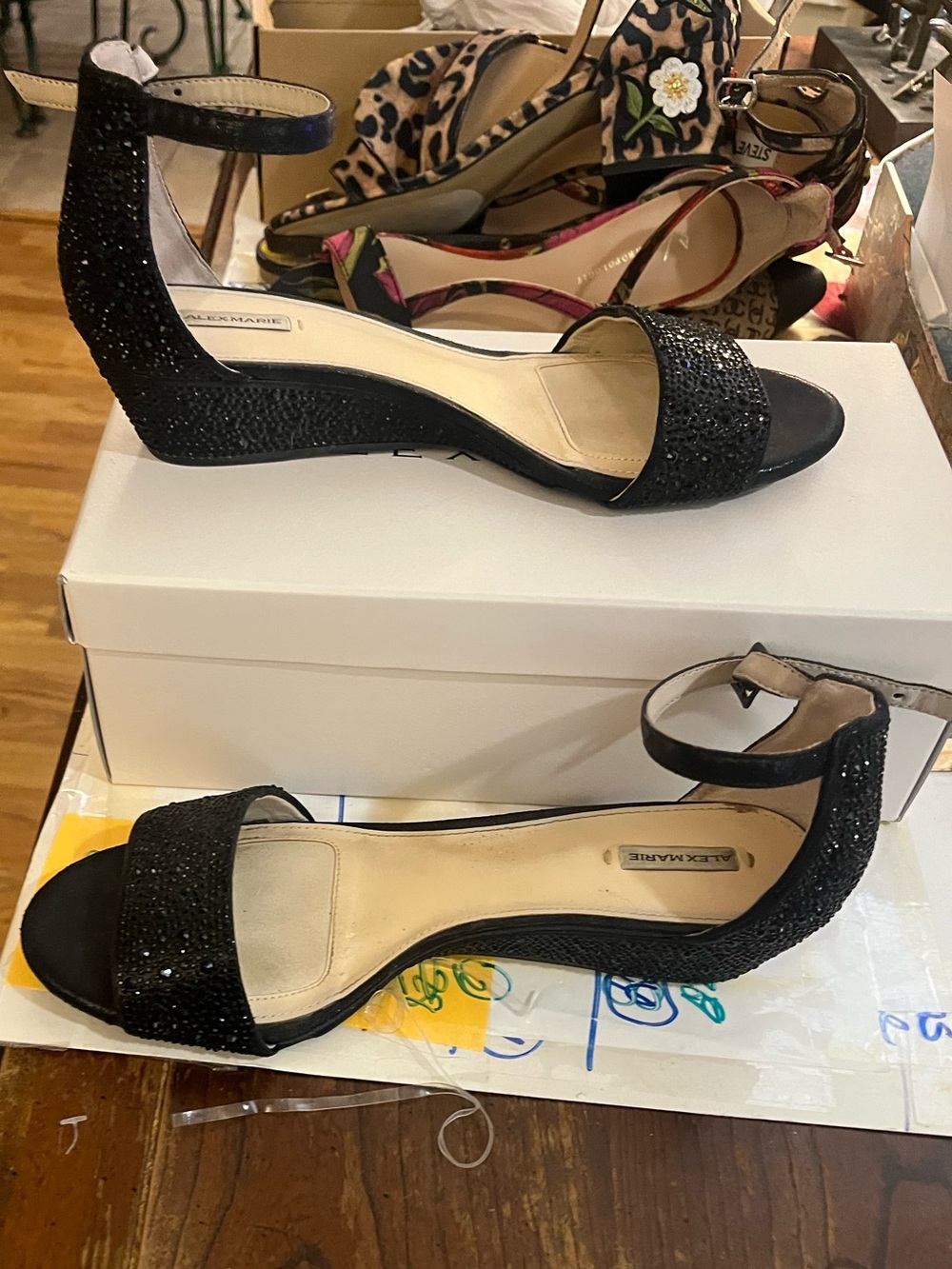8.5 Alex Marie strappy black glitter wedge dress shoes